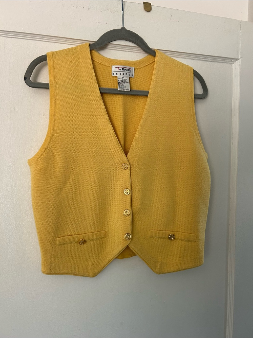 1990s Talbots Wool Bright Yellow Button Vest